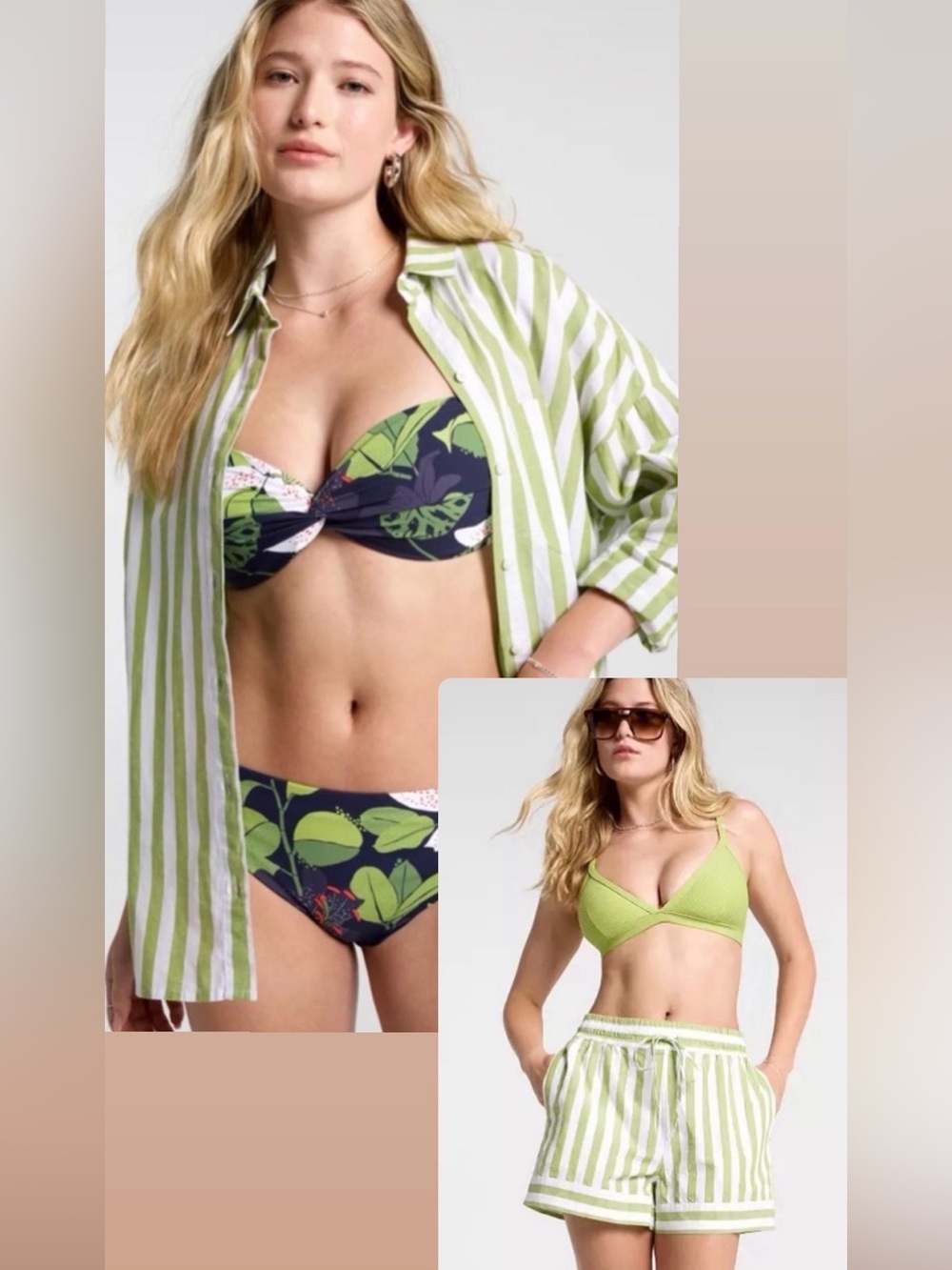 CALIA Women's Swim Set- Button Down Pocket Stripe Shirt and Shorts